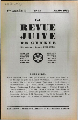 La Revue Juive de Genève. Vol. 5 n° 6 fasc. 46 (mars 1937)